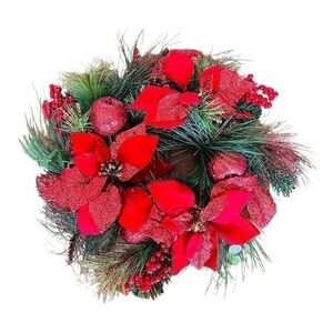 Handmade Christmas Wreath 19" Poinsettia Pine Red Berries Apples Glitter VG